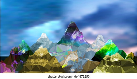 Abstract panoramic mountain polygonal landscape with sky and clouds