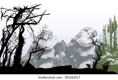 Abstract panoramic mountain winter landscape with rocks and silhouettes of trees