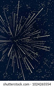 The Abstract Panoramic Sky Map of Hemisphere with a Meteor Stream or Fireworks. Constellations on a Night Dark Background. Vector Illustration