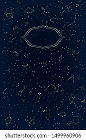 Abstract Panoramic Sky Map of Hemisphere with Frame. Constellations on a Night Dark Background. Vector Illustration
