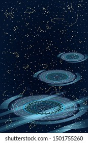 Abstract Panoramic Sky Map of Hemisphere with Futuristic Optical Interface. Constellations on a Night Dark Background. Vector Illustration