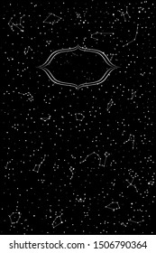 Abstract Panoramic Sky Map of Hemisphere with Frame. Black and White Constellations on a Night Background. Vector Illustration