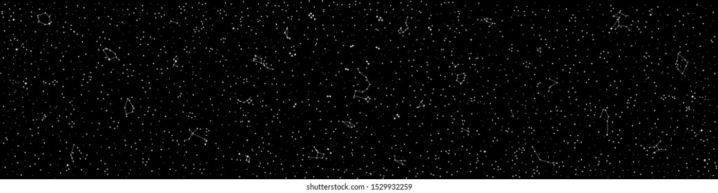 Abstract Panoramic Sky Map of Hemisphere. Black and White Constellations on a Night Background. Vector Illustration