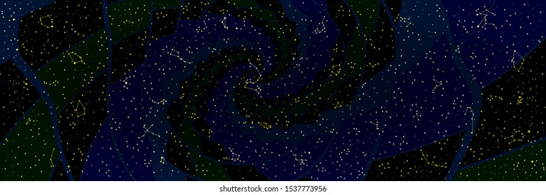 Abstract Panoramic Sky Map of Hemisphere. Colorful Constellations on Night Background. Vector Illustration