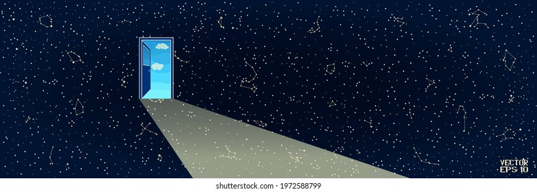 Abstract Panoramic Sky Map of Hemisphere. Open Door to Heaven Isolated on Starry Night Sky Background. Vector. 3D Illustration