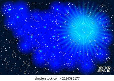 Abstract Panoramic Sky Map of Hemisphere with Christmas Illumination. Constellations on Night Starry Background. Vector Illustration