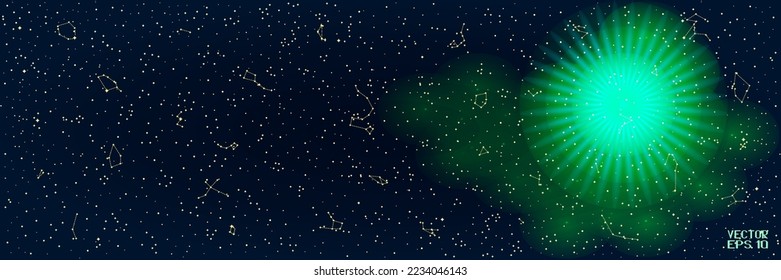 Abstract Panoramic Sky Map of Hemisphere with Green Christmas Illumination. Constellations on Night Starry Background. Vector. 3D Illustration