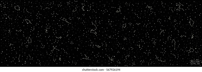 Abstract Panoramic Sky Map of Hemisphere. Constellations on Night Dark Background. Vector Illustration