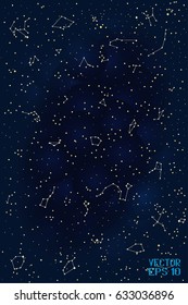 Abstract Panoramic Sky Map of Hemisphere. Constellations on Night Dark Background. Vector Illustration