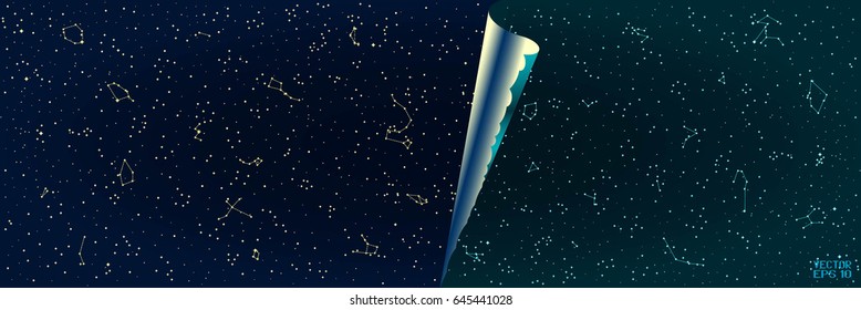 Abstract Panoramic Sky Map of Hemisphere. Constellations on Night Dark Background with Incision. Vector Illustration