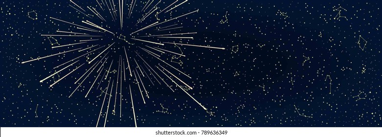 The Abstract Panoramic Sky Map of Hemisphere with a Meteor Stream or Fireworks. Constellations on a Night Dark Background. Vector Illustration