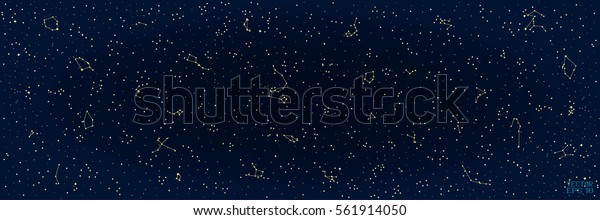 Abstract Panoramic Sky\
Map of Hemisphere. Constellations on Night Dark Background. Vector\
Illustration