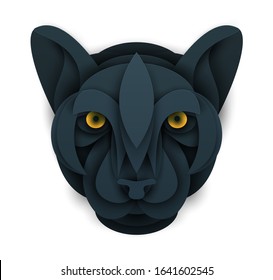 Abstract panther head isolated on white background. Creative 3d concept in craft paper cut style. Colorful minimal design character. Original vector cartoon illustration.