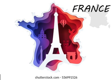 Abstract of paper art carve to Eiffel tower with blue and red background look like France map and flag, French culture concept and tourism idea, vector art and illustration.