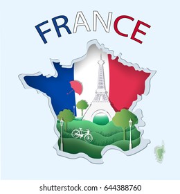 Abstract of paper art carve to Eiffel tower with blue and red background look like France map and flag, French culture concept and tourism idea, vector art and illustration.