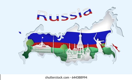 Abstract of paper art carve to Kremlin with blue, white and red background look like Russian map and flag, russian culture concept and tourism idea, vector art and illustration.