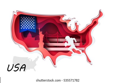 Abstract of paper art carve to USA map and American culture and landmark symbols, vector art and illustration.