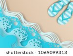 Abstract paper art sea or ocean water waves and beach and slippers. Summer vacation concept. Paper seacoast waves with lines and bubbles. 