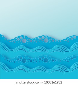 Abstract paper art sea or ocean water waves. Summer blue elegant background. Paper sea waves with lines and bubbles. Paper cut style