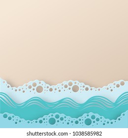 Abstract paper art sea or ocean water waves and beach. Summer background with seacoast. Paper sea waves with lines and bubbles. Paper cut style