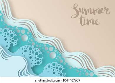 Abstract paper art sea or ocean water waves and beach. Summer background with seacoast. Paper sea waves with lines and bubbles. Paper cut style