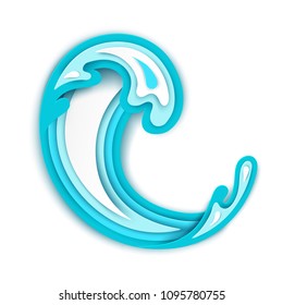 Abstract paper art sea or ocean water wave. Summer background iaolated on white. Paper sea waves with lines and drops. Paper cut style