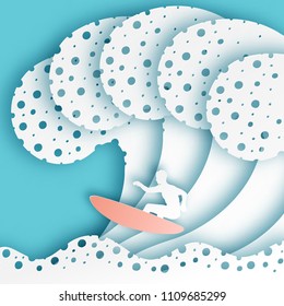 Abstract paper art sea or ocean water waves and surfer on the board. Summer blue elegant background. Paper sea waves with lines and bubbles. Paper cut style