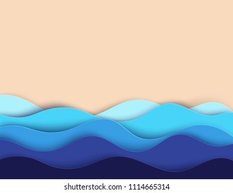 Abstract Paper Art Sea Or Ocean Water Waves And Beach. Summer Background With Seacoast. Deep Paper Cut Style