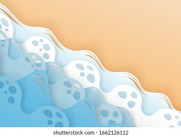 Abstract paper art sea or ocean water waves and beach.  background pastel color tones. Paper craft style. Paper art style. Paper cut and craft style. vector, illustration.