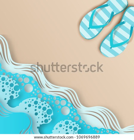 Abstract paper art sea or ocean water waves and beach and slippers. Summer vacation concept. Paper seacoast waves with lines and bubbles. 