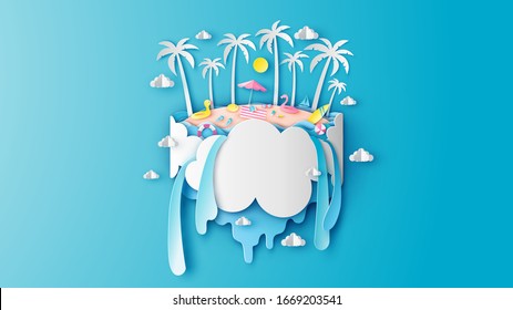 Abstract paper art of wonder island scenery in Summer. Wonderland sea. Graphic design for Summer. paper cut and craft style. vector, illustration.