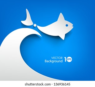 Abstract paper background. Fish floating on the waves. Vector eps10 illustration.