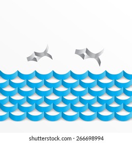 Abstract paper background. Fish floating on the waves. Vector illustration