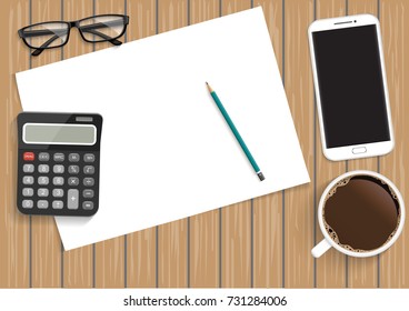 Abstract paper for background on wood. With metal pencil, coffee cup and mobile smartphone. Vector illustration.