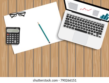 Abstract paper for background on wood. With metal pencil, mobile smartphone and laptop. Vector illustration.