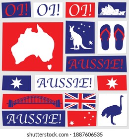 Abstract paper background with red, blue and white Australia Day elements. Seamless wallpaper with Aussie symbols for party or backgrounds