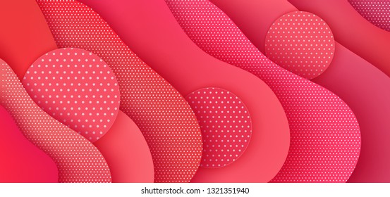 Abstract paper background with round shapes, polka dot waves in the color of the living coral, vector illustration.