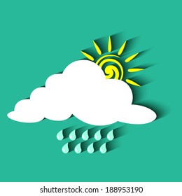abstract paper Background withcool single weather icon -  sun with raincloud and raindrops in the sky- Vector illustration.