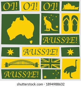 Abstract paper background with yellow, green and white Australia Day elements. Seamless wallpaper with Aussie symbols for party or backgrounds