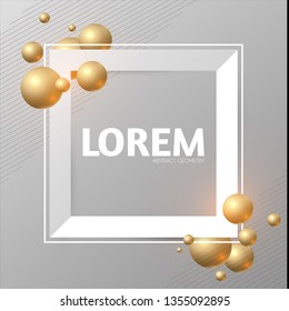 Abstract Paper Banner with 3D Golden Spheres.