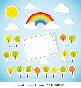 Abstract paper banner with forest and rainbow. Vector illustration.