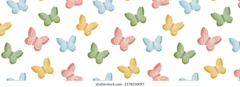 Abstract paper butterfly pattern. Colorful pattern of different butterflies. Butterflies with wings flying. Vector seamless repeating background in simple style.