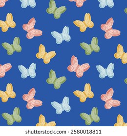 Abstract paper butterfly pattern. Colorful pattern of different butterflies. Butterflies with wings flying. Vector seamless repeating background in simple style.