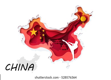 Abstract of paper carve on white foreground to china map and Chinese culture symbol, paper art concept and tourism idea, vector art and illustration.