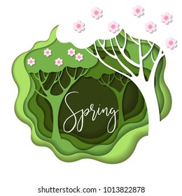 Abstract paper carve spring background with branch of lilac. Paper cut layer style. Design element for flyers, presentations and posters. Vector illustration.