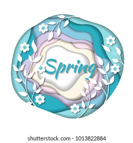 Abstract paper carve spring background with leaves and flowers. Paper cut layer style in blue color. Design element for flyers, presentations and posters. Vector illustration.