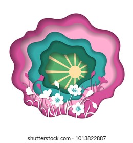 Abstract paper carve spring background with branch of lilac. Paper cut layer style. Design element for flyers, presentations and posters. Vector illustration.