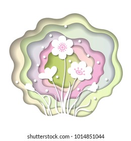 Abstract paper carve spring background with cute flowers. Paper cut layer style. Design element for flyers, presentations and posters. Vector illustration.