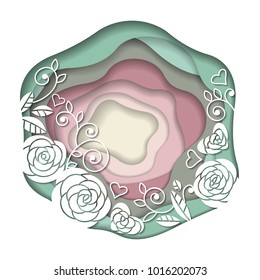 Abstract paper carve spring background with cute roses. Paper cut layer style. Design element for flyers, presentations and posters. Vector illustration.
