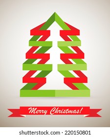Abstract paper Christmas tree on gray background. Merry Xmas and Happy New Year greeting card, vector illustration